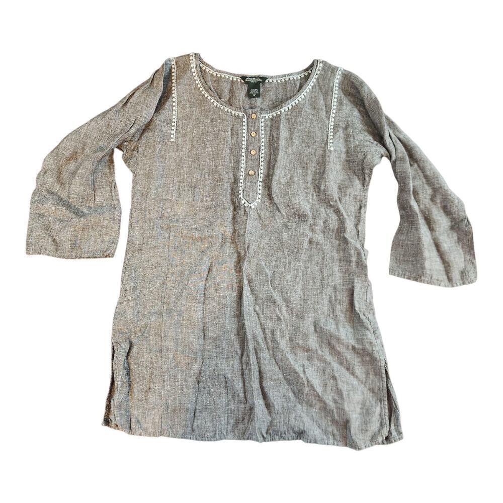 Eddie Bauer womens‎ blouse 100% linen brown tunic embroidered Sz Med. tall